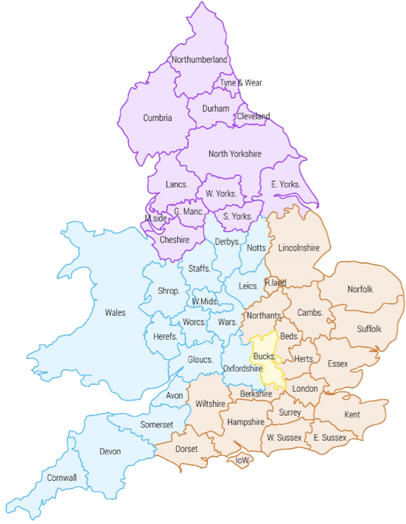 Map of England and Wales with all the counties labelled